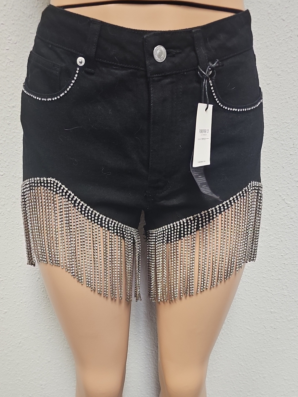 Forever 21 Black Denim Shorts with Rhinestone Fringe